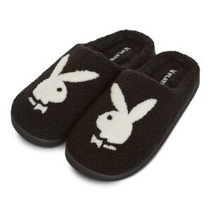 NWT PLAYBOY Velour Plush Slippers Black w/ White Playboy Bunny Logo